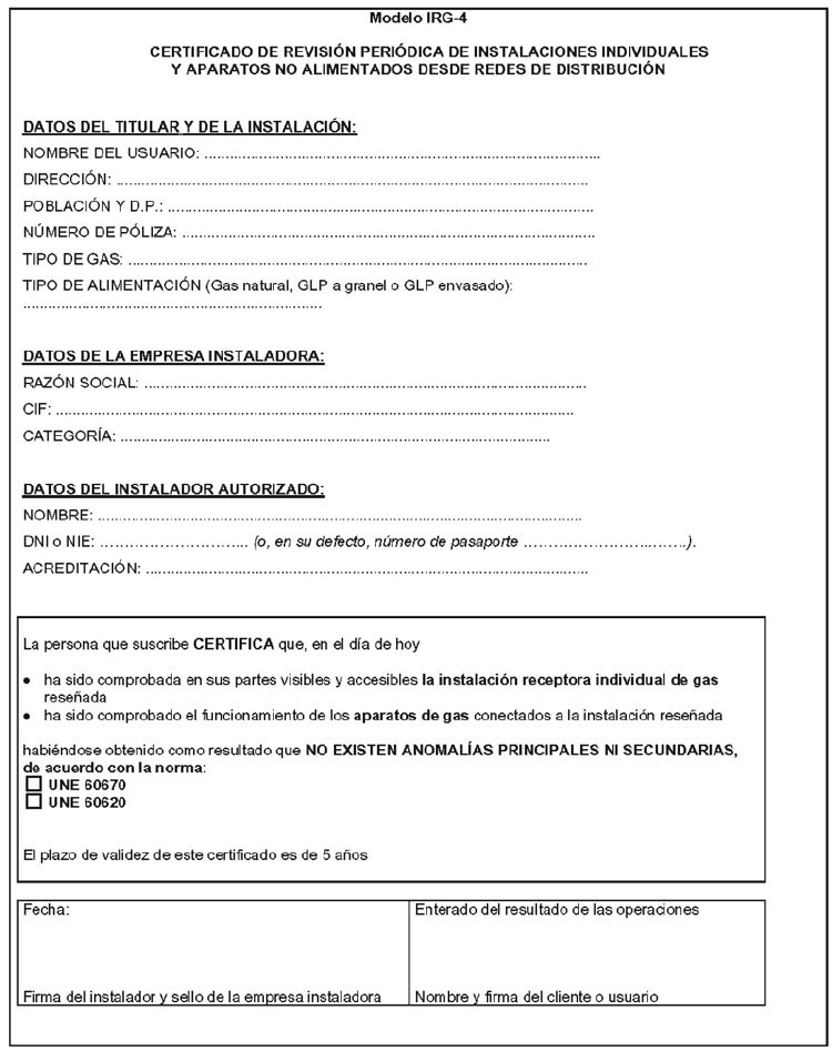 Certificado de revisión bombona butano